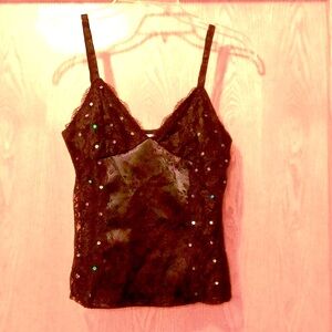 Vintage black Satin sequin sheer lace stretch camisole tank lingerie top LARGE